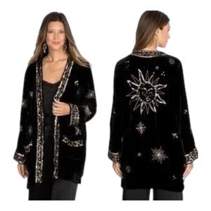 Johnny Was Aruna Velvet Smoking Jacket Embroidered Gold Sun Kimono Black XS